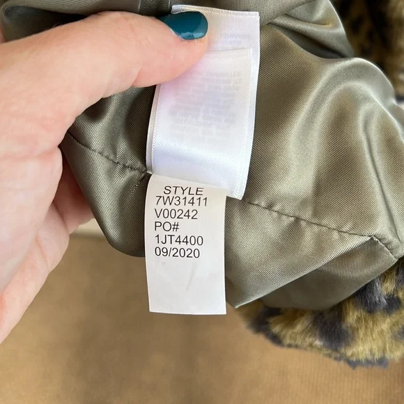 NWT Lucky Brand Faux Fur Long Line Coat green leopard camo size large - Picture 11 of 13